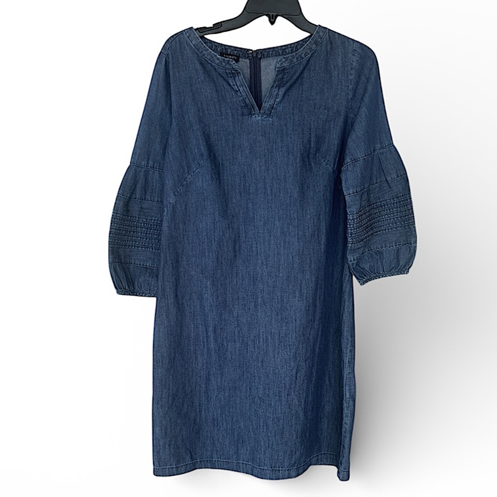 Talbots Denim Blue Pleated Lantern Sleeve Business Casual Shift Dress Size 6